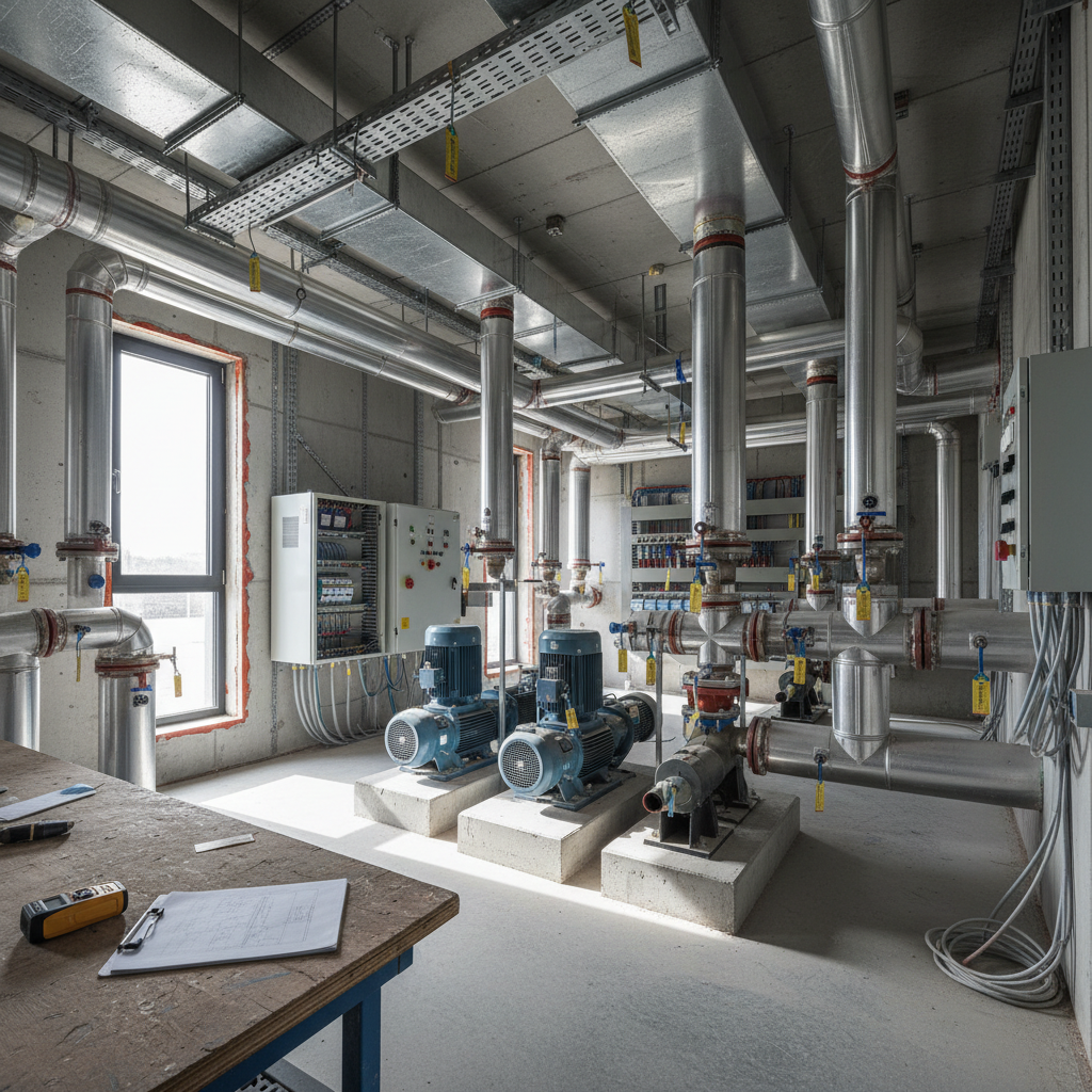 Technikzentrale während der Bauüberwachung TGA mit Rohrleitungen, Lüftungskanälen, Pumpen und Prüfgeräten