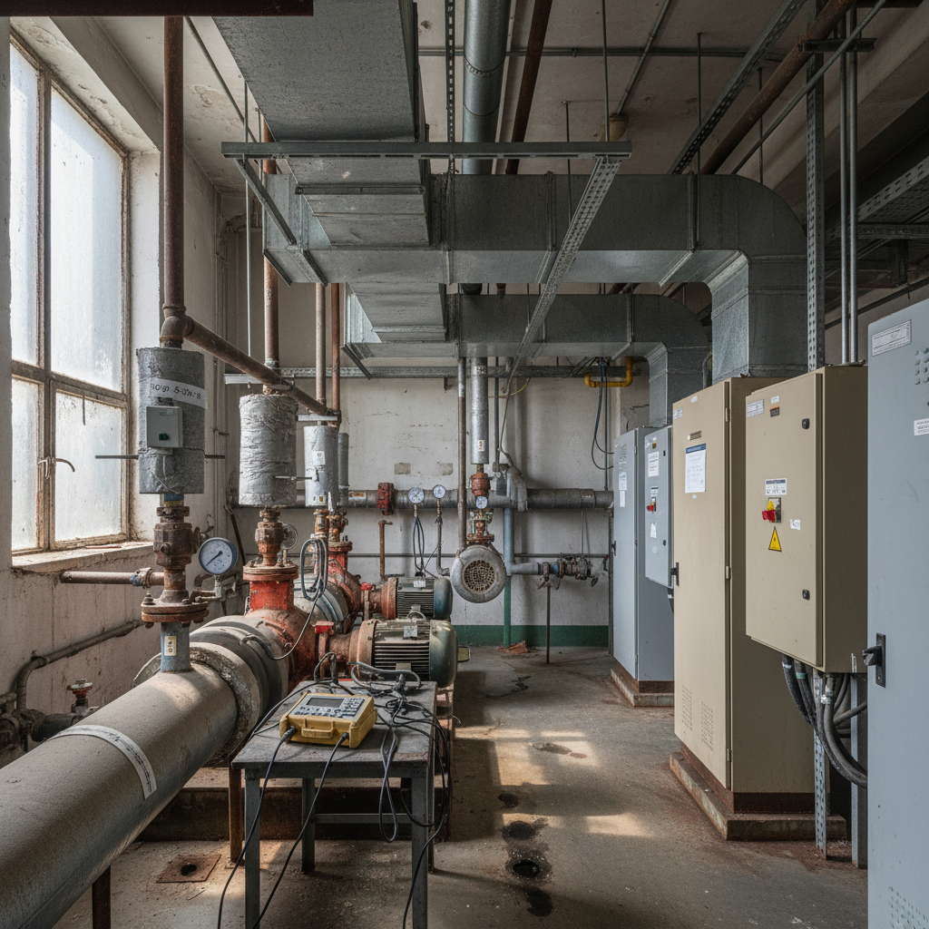 Technikzentrale eines Bestandsgebäudes mit Rohrleitungen, Lüftungskanälen und Messgeräten bei der Bestandsaufnahme der TGA