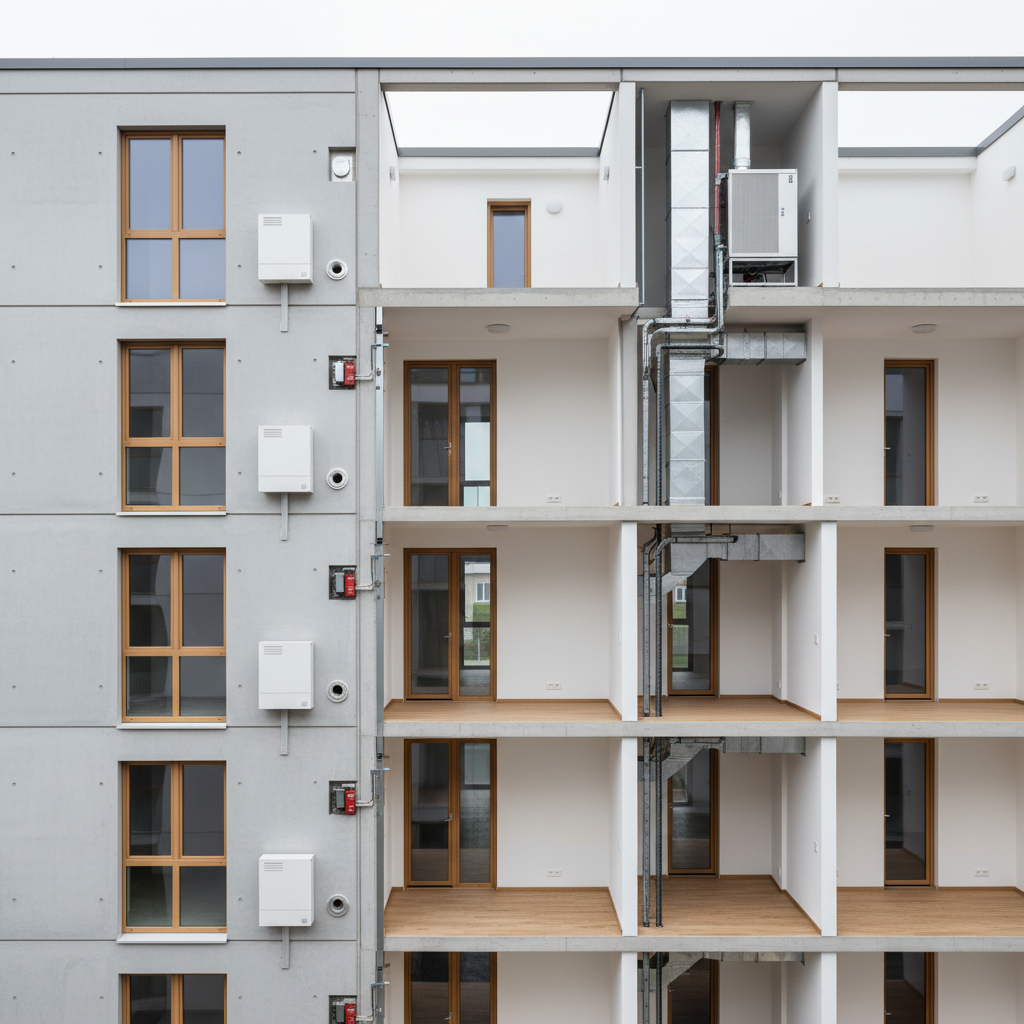 Wohngebäude mit dezentralen Fassadenlüftern und zentralem Lüftungsgerät als Vergleich beider Wohnungslüftungssysteme