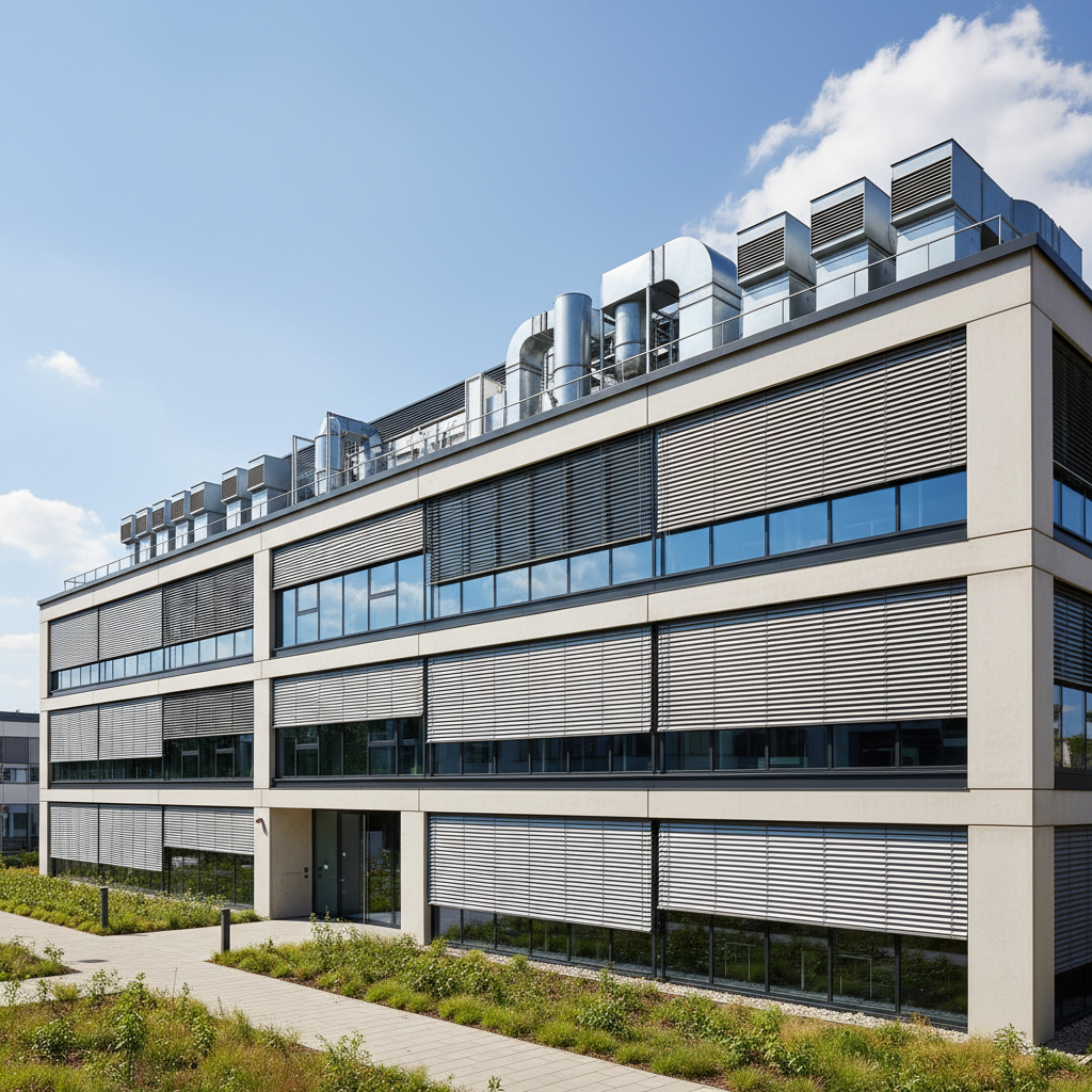 Bürogebäude mit außenliegendem Sonnenschutz und Lüftungstechnik als Bezug zum sommerlichen Wärmeschutz nach DIN 4108-2