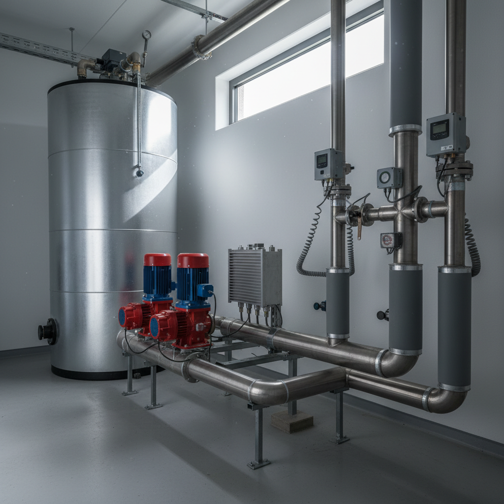 Technikzentrale mit Trinkwarmwasserspeicher, Wärmeübertrager und Zirkulation zur Auslegung nach DIN EN 12831-3
