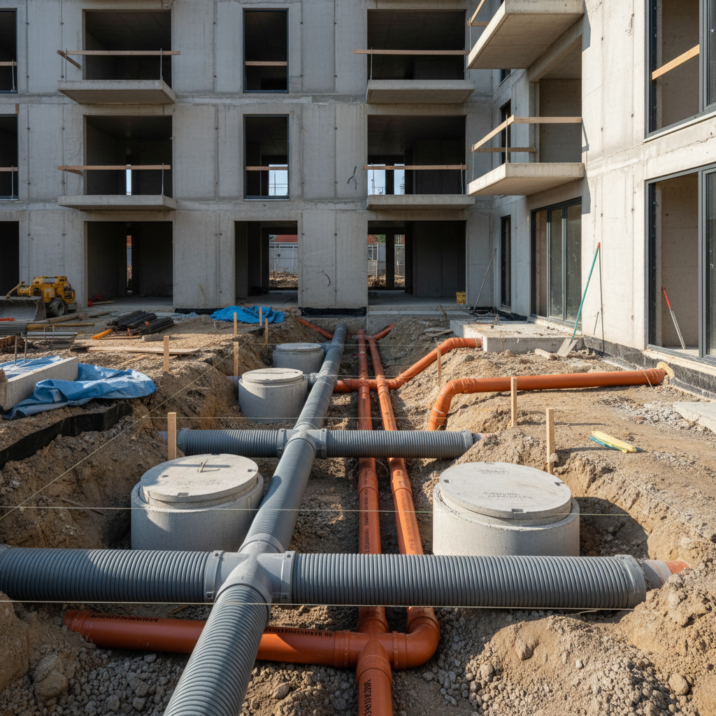 Freigelegte Schmutz- und Regenwasserleitungen einer Grundstücksentwässerung nach DIN 1986-100 an einem Gebäude