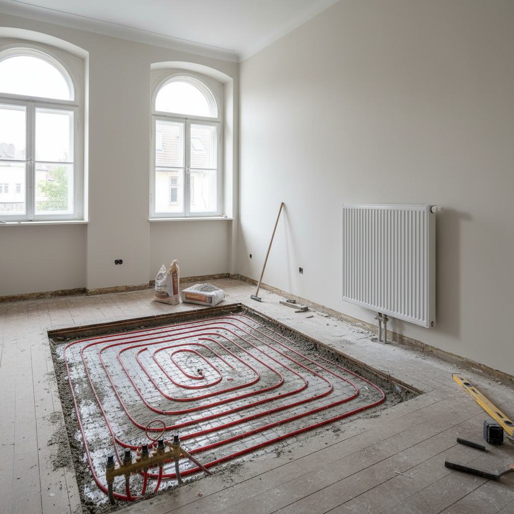 Geöffneter Boden mit Heizrohren und Heizkörper im Bestandsgebäude als technischer Vergleich von Flächenheizung und Heizkörpern