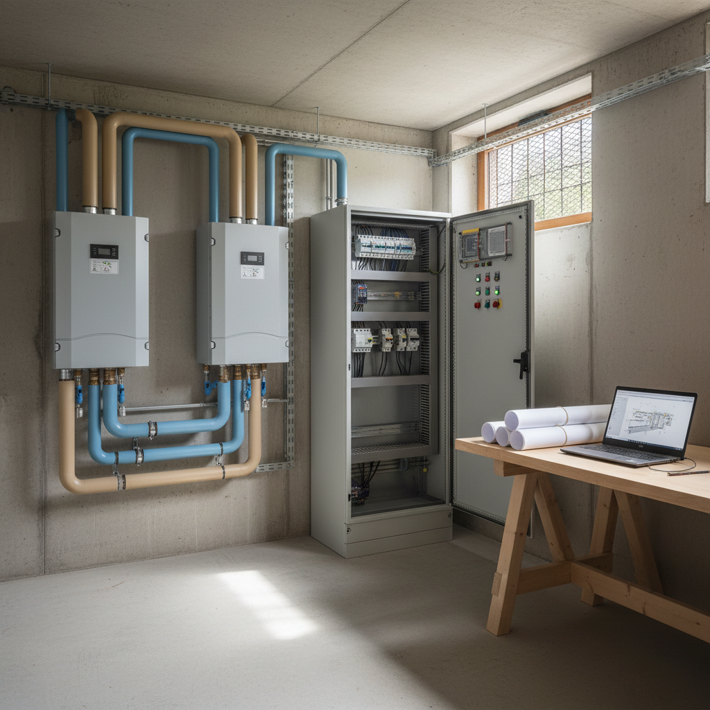 TGA-Technikraum mit Wärmepumpenkomponenten und Planunterlagen als Motiv für förderfähige Planungskosten und Baubegleitung nach BEG