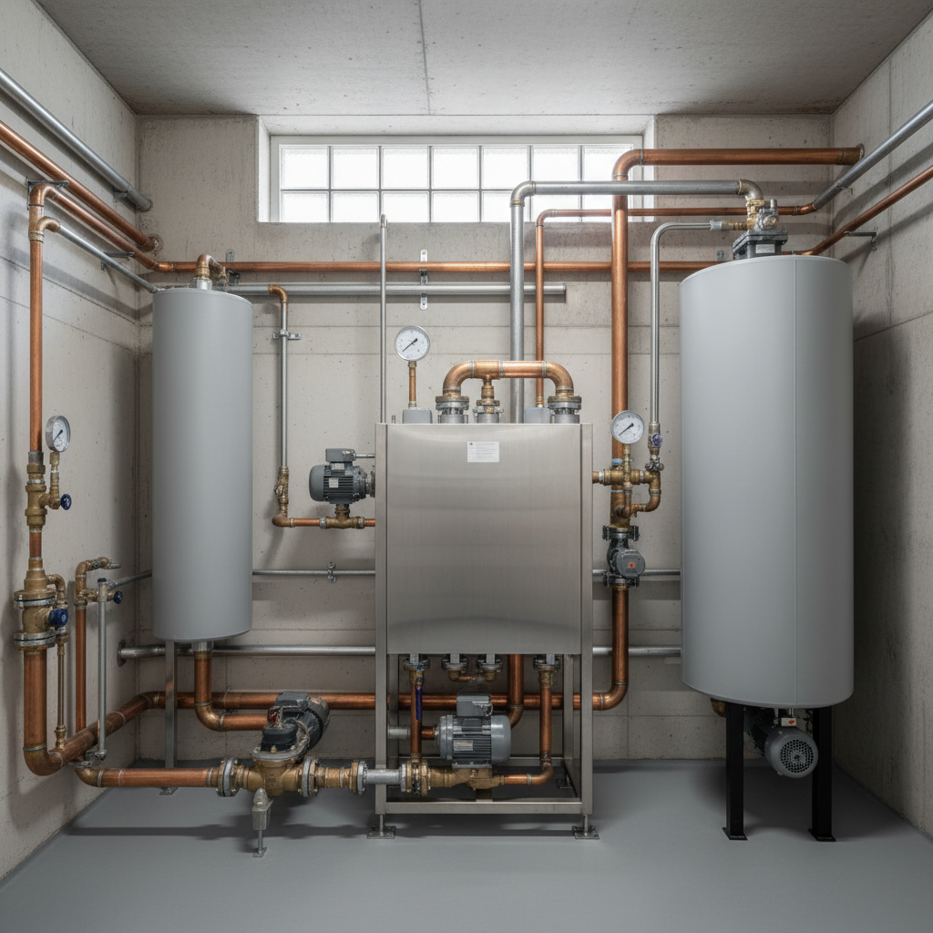 Technikraum mit Frischwasserstation, Heizwasserpuffer und Warmwasserspeicher zum Vergleich von Hygiene und Effizienz