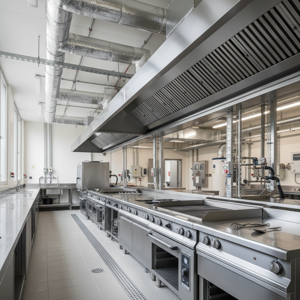 Gastronomieküche mit Ablufthauben, Lüftungskanälen und Bodenentwässerung als Beispiel für die Gastronomie TGA Planung