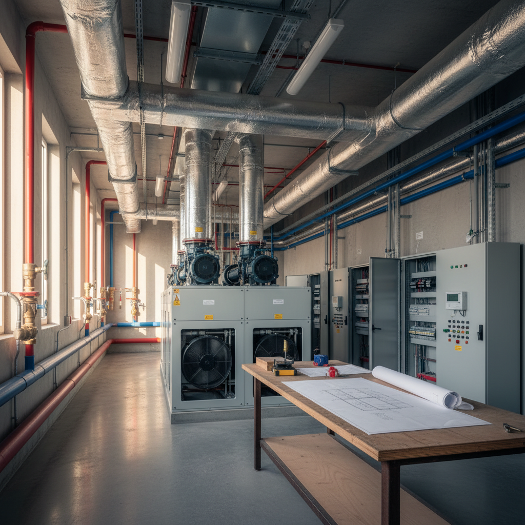 Technikzentrale mit Wärmepumpe, Lüftung, Rohrleitungen und Gebäudeautomation als Motiv zu den GEG-Anforderungen an die TGA