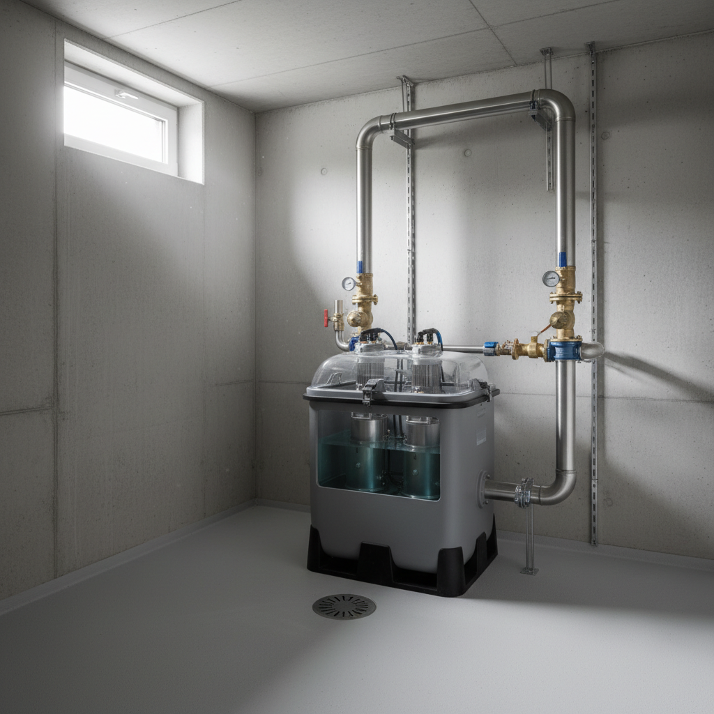 Abwasserhebeanlage im Technikraum mit zwei Pumpen, Druckleitung und hochgeführter Rückstauschleife oberhalb der Rückstauebene