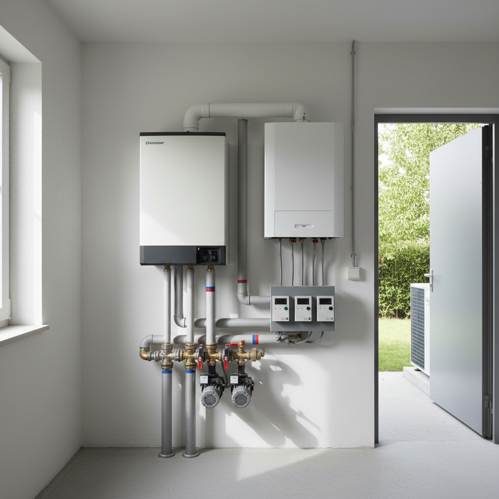 Technikraum mit Gaskessel und Wärmepumpenmodul als Beispiel für die Planung einer Hybridheizung