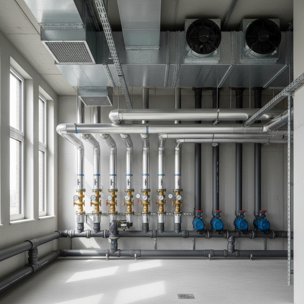 Technikzentrale mit Sanitärleitungen, Heizungsverteilung und Lüftungskanälen zum Vergleich der Kostengruppen 410 bis 430