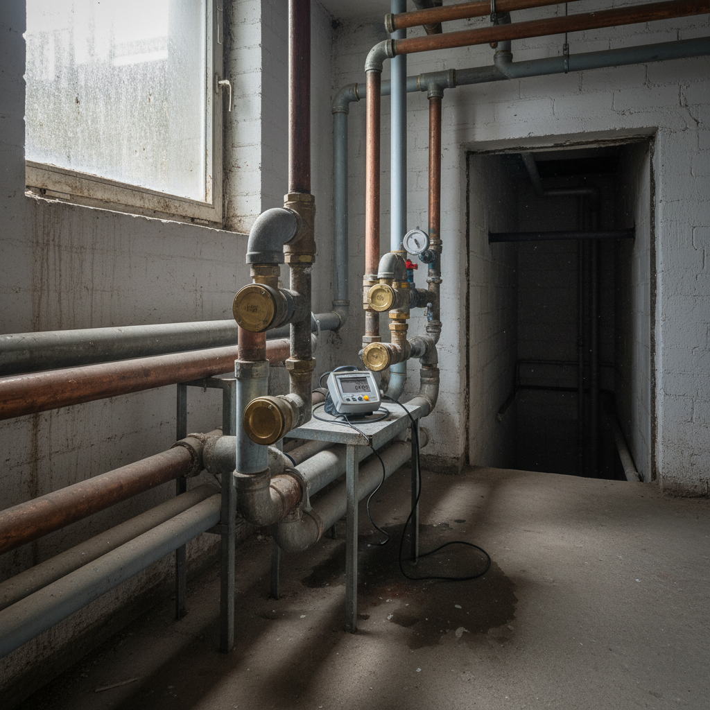 Geöffnetes Leitungsnetz in einem Bestandsgebäude zur Bewertung der Lebensdauer von Rohren und Verbindungen