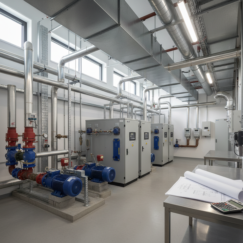 Technikzentrale mit Wärmepumpen, Rohrleitungen und Messgeräten als Motiv zur Berechnung der Lebenszykluskosten der TGA