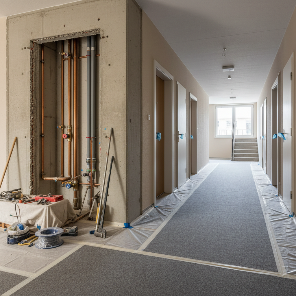 Geschützter Flur eines bewohnten Mehrfamilienhauses mit geöffnetem Installationsschacht als Motiv für Mieterinformation und Bauablauf bei einer TGA-Sanierung