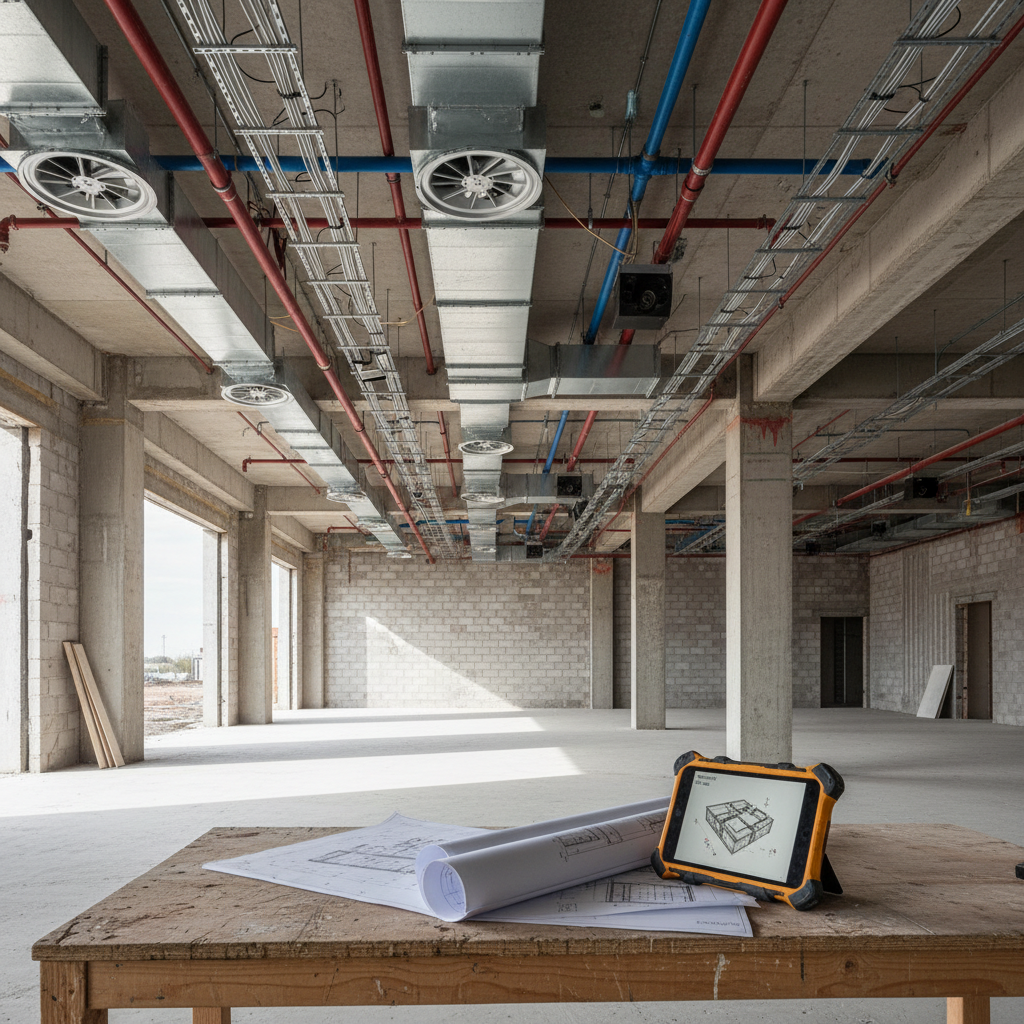 Koordinierte TGA-Installationen mit Lüftung, Rohrleitungen und Kabeltrassen als Sinnbild für die Vermeidung von Nachträgen