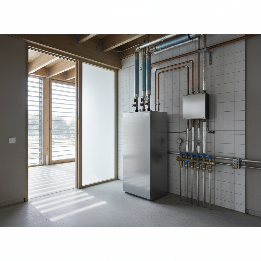 Sole-Wasser-Wärmepumpe mit Wärmeübertrager und Flächenverteiler für die passive Kühlung eines Gebäudes