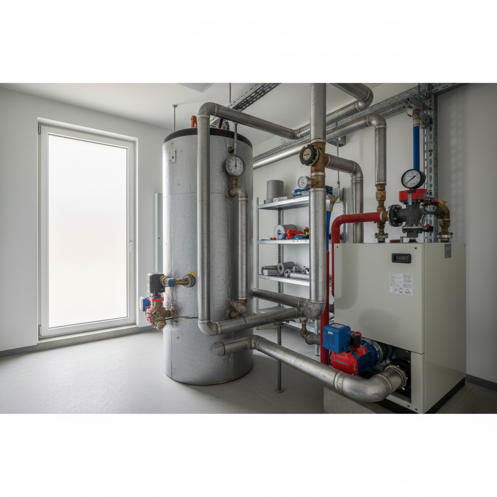 Heizungsraum mit Pufferspeicher, Rohrleitungen und Pumpengruppen zur fachgerechten Pufferspeicher Dimensionierung bei einer Wärmepumpe