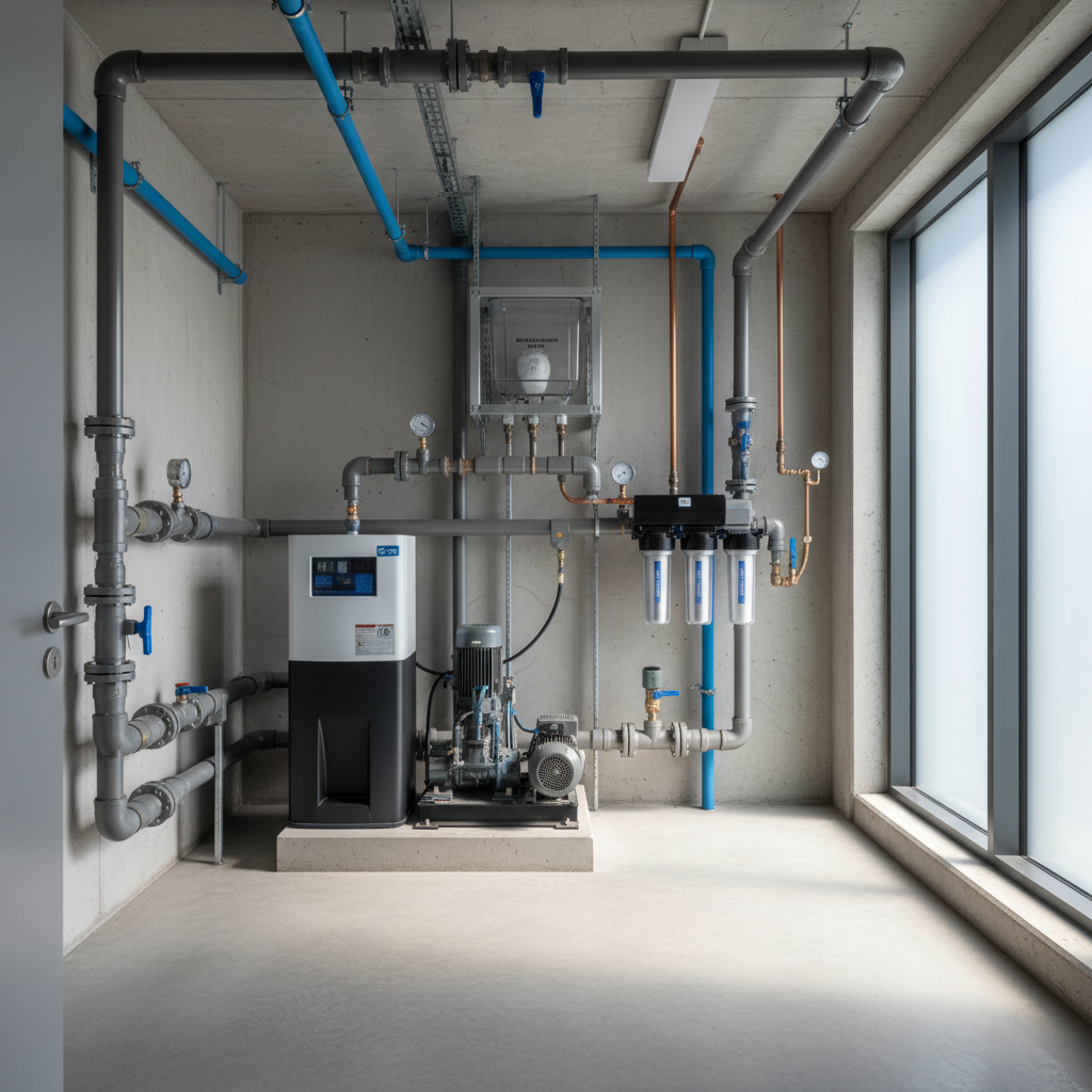 Technikraum mit Filter, Pumpe und getrennten Leitungsnetzen zur Planung einer Regenwassernutzung im Gebäude