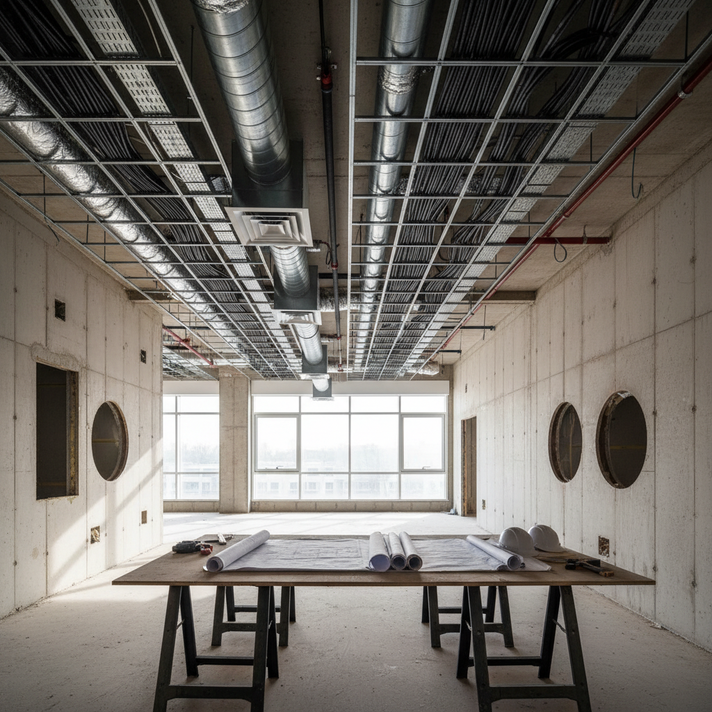Koordinierte Lüftungskanäle, Rohrleitungen und Kabeltrassen im Gebäude als Beispiel für die Schnittstelle zwischen Architekt und TGA-Fachplanung