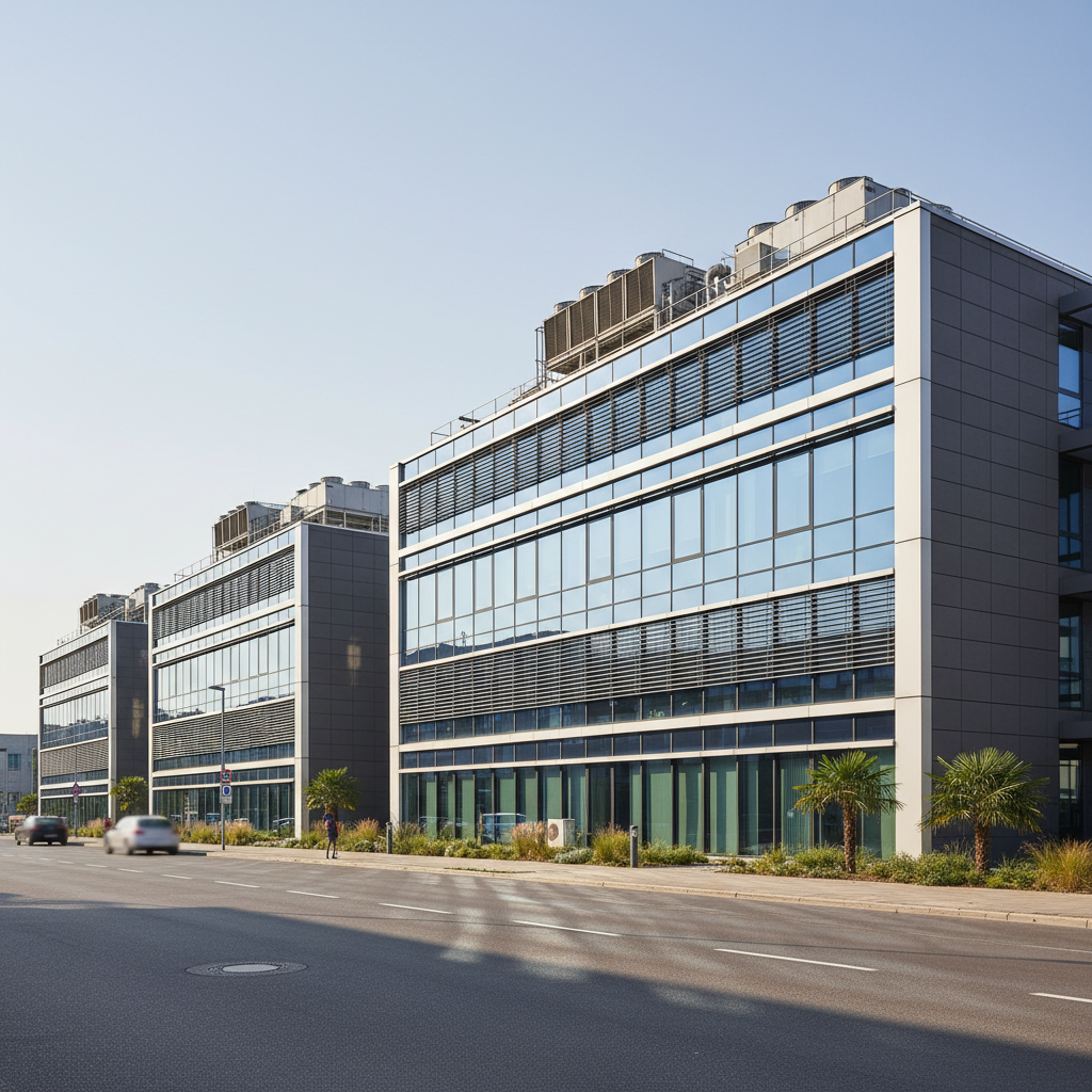 Bürogebäude mit außenliegendem Sonnenschutz und Kältetechnik als Beispiel für sommerlichen Wärmeschutz und aktive Kühlung