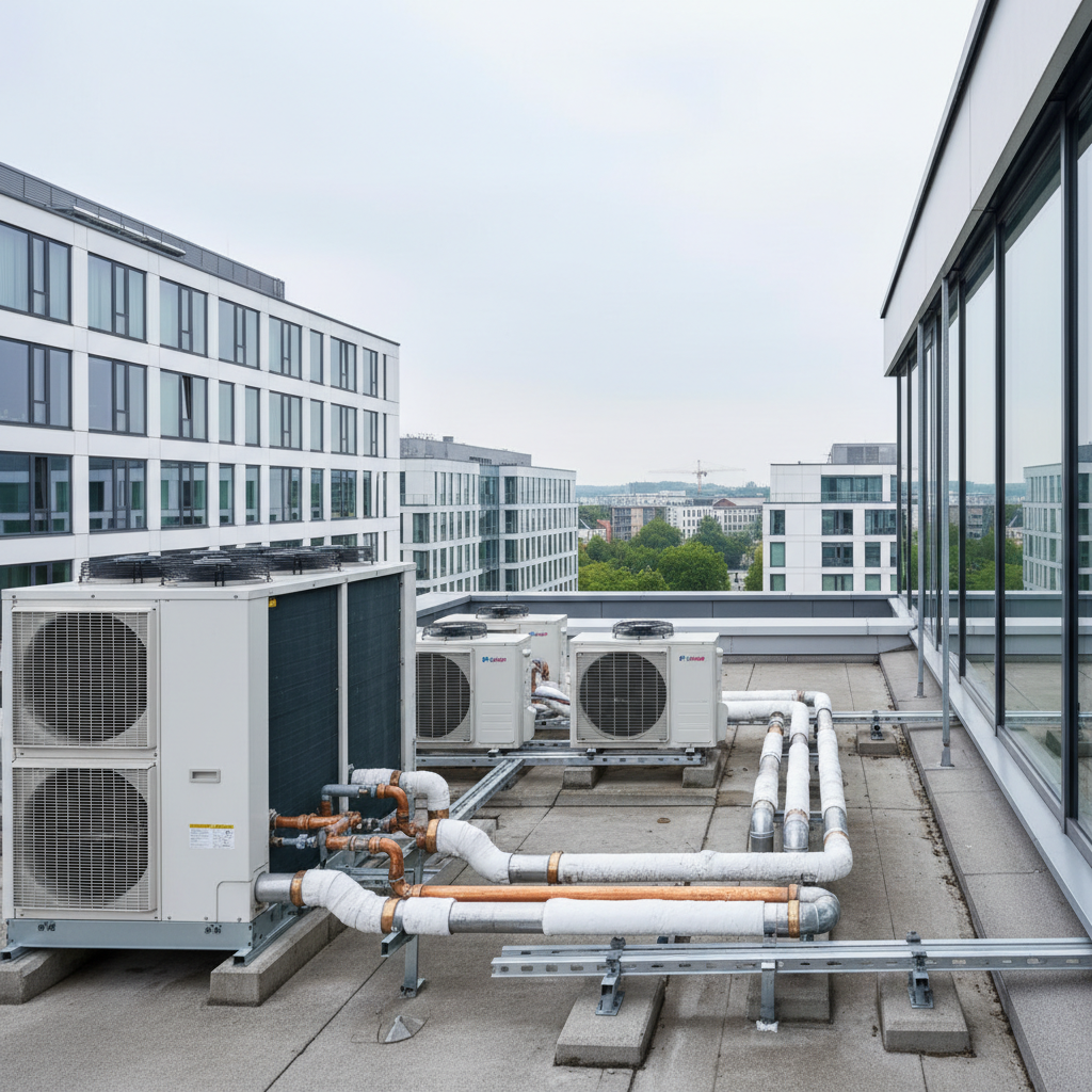 VRF-Außeneinheit und Split-Klimageräte auf einem Gewerbegebäude als technischer Vergleich beider Klimasysteme