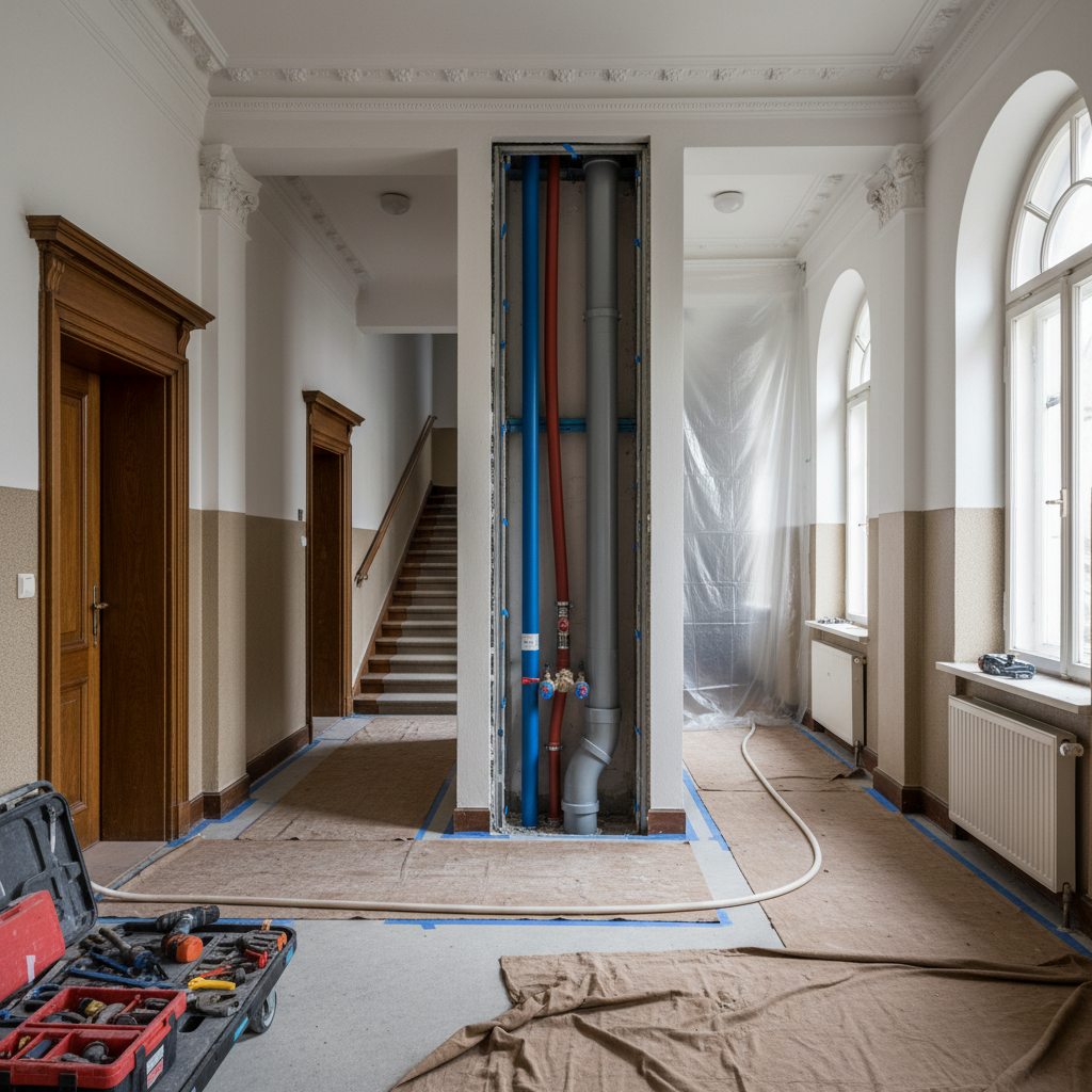Geöffneter Installationsschacht mit erneuerten Wasser- und Abwasserleitungen bei einer Strangsanierung im bewohnten Mehrfamilienhaus
