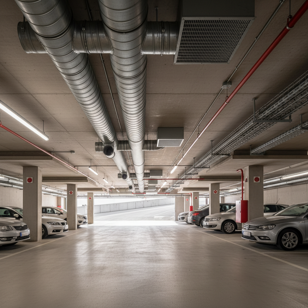 Tiefgarage mit Lüftungskanälen, Impulsventilatoren und CO-Sensoren zur Tiefgaragenlüftung und Entrauchung