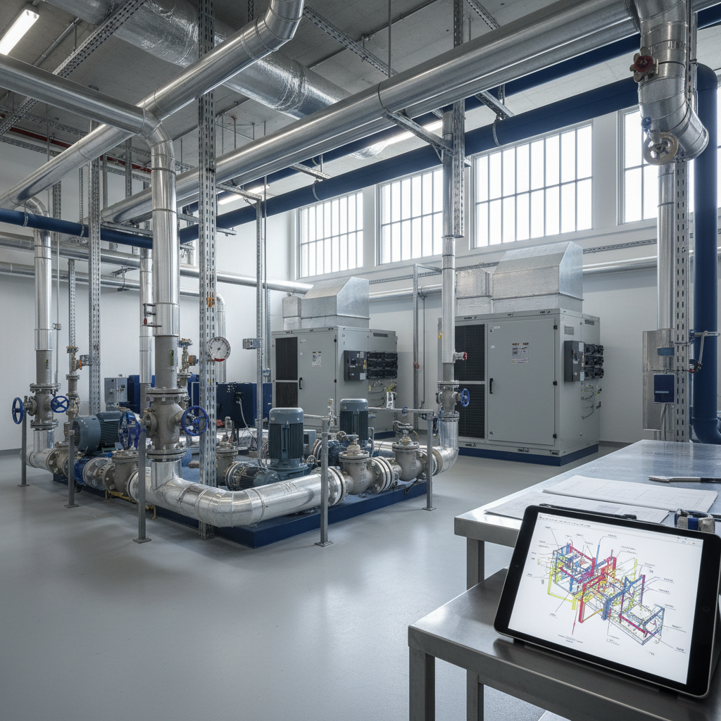 Technikzentrale mit Pumpen, Rohrleitungen und digitalem TGA-Modell als Darstellung des Themas VDI 3805 und BIM-Produktdaten