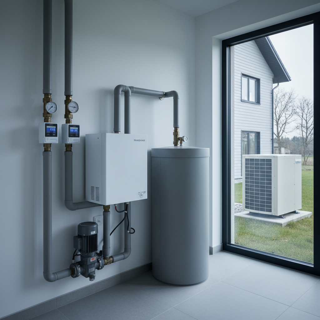 Wärmepumpenanlage mit Heizungsleitungen, Speicher und Messtechnik zur fachgerechten Auslegung von JAZ, Vorlauftemperatur und Taktverhalten