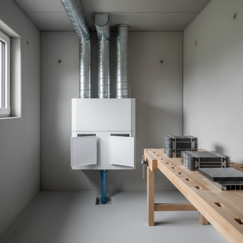 Wohnungslüftungsgerät mit Wärmerückgewinnung, gedämmten Luftleitungen, Filtern und Kondensatablauf in einem Technikraum
