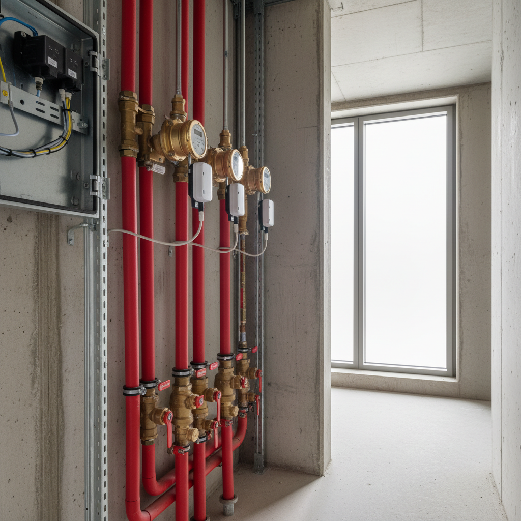 Warmwasser-Unterzähler mit Absperrventilen in einem Installationsschacht als Beispiel für die Planung von Wasserzählern im Mehrfamilienhaus