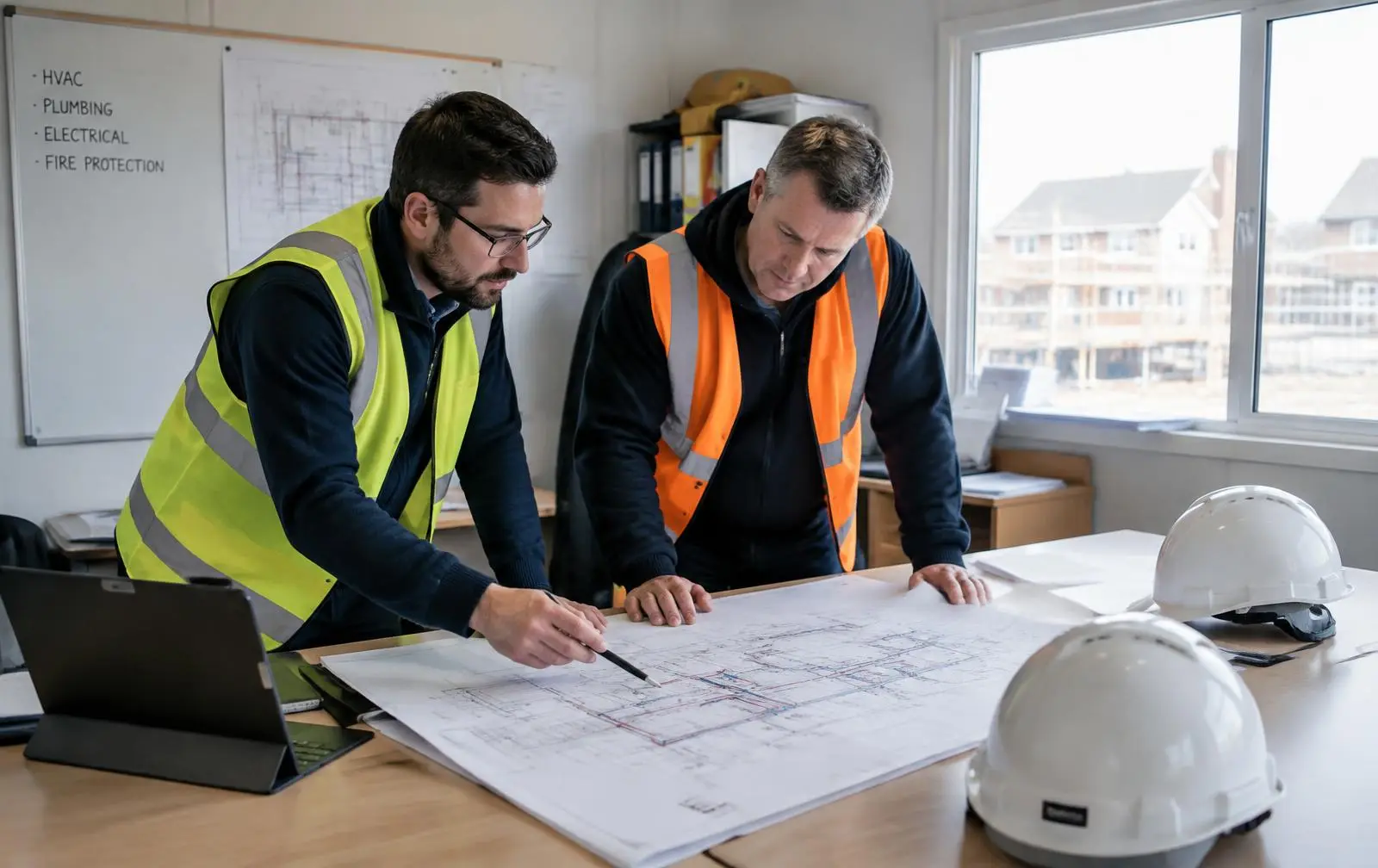 TGA-Planer bespricht Haustechnikpläne mit der Bauleitung eines Bauträgers