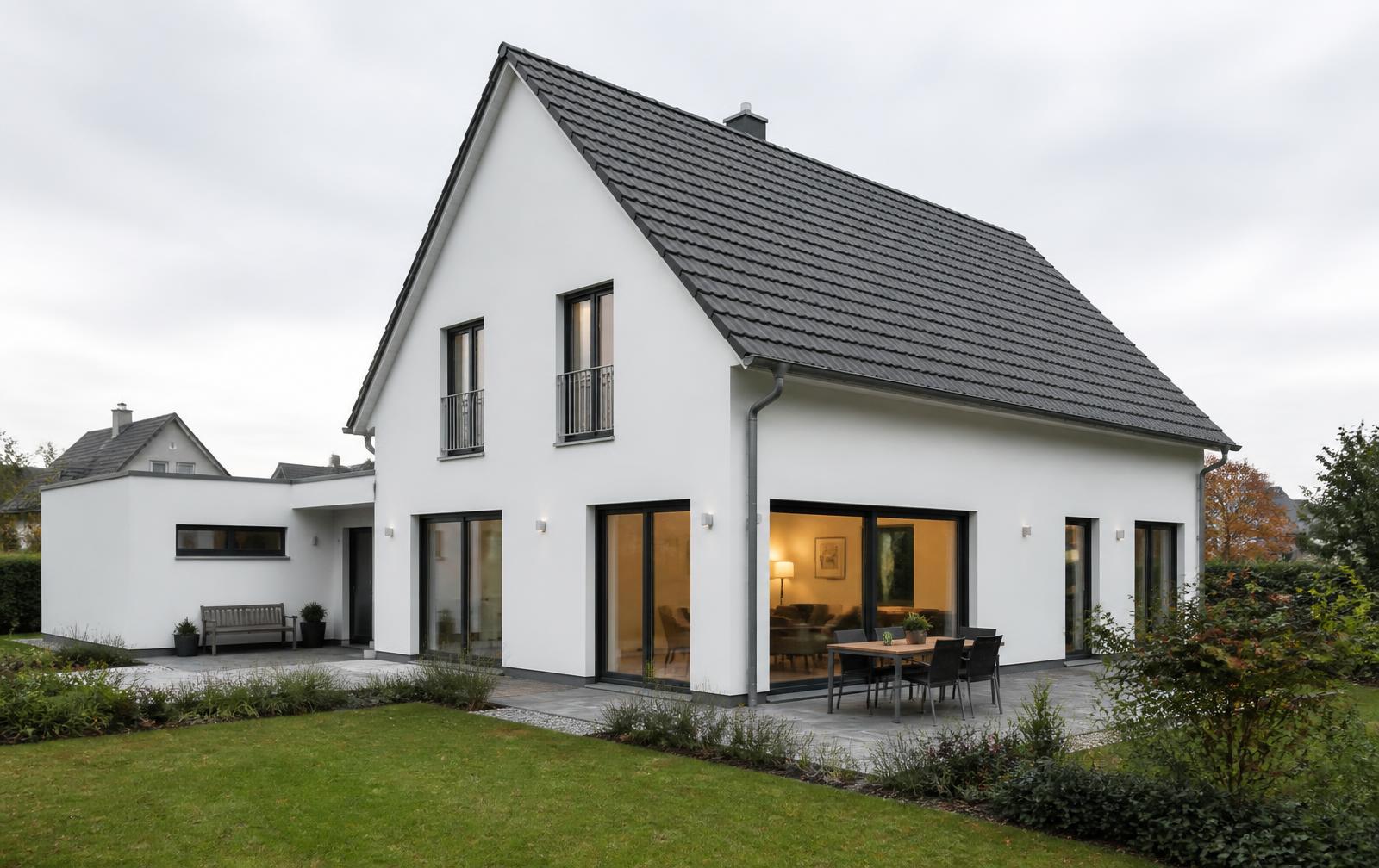 Neu gebautes Einfamilienhaus mit weißer Putzfassade und Terrasse