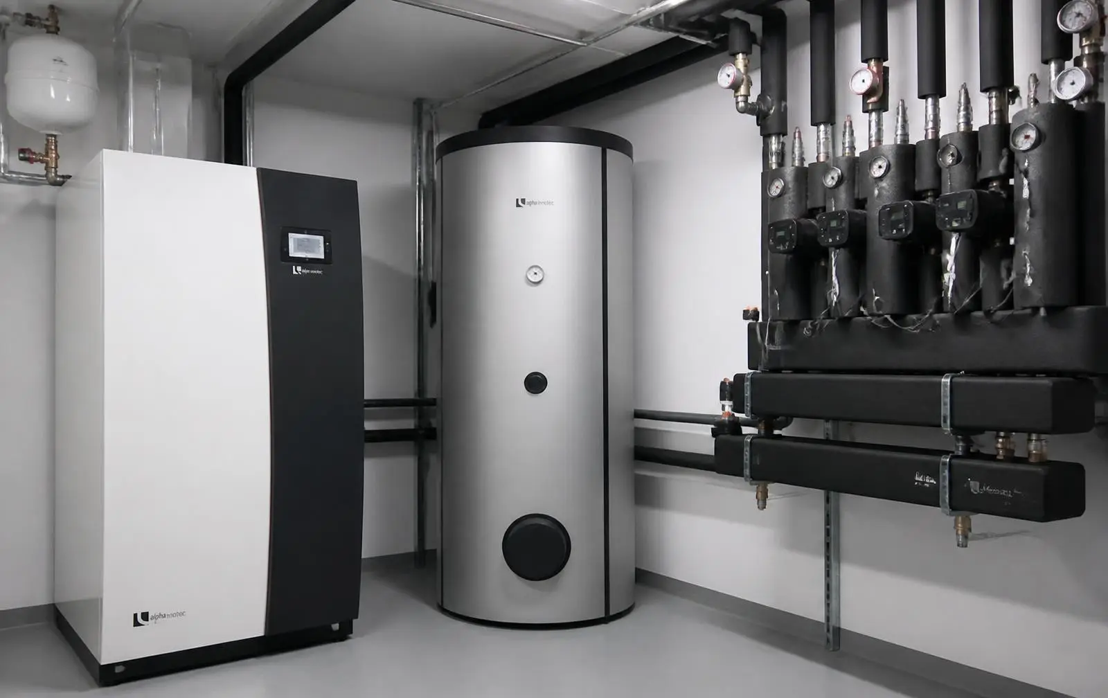 Neue Heizzentrale mit Wärmepumpe und Pufferspeicher nach der Sanierung