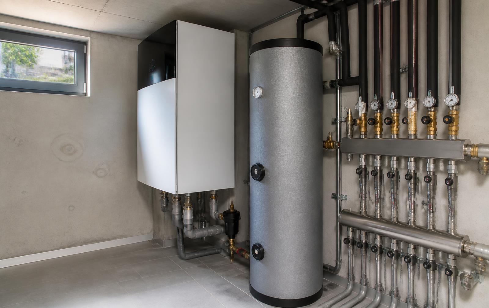 Heizzentrale mit Wärmepumpe, Pufferspeicher und Strangverteilern in einem kleinen Mehrfamilienhaus in Berlin