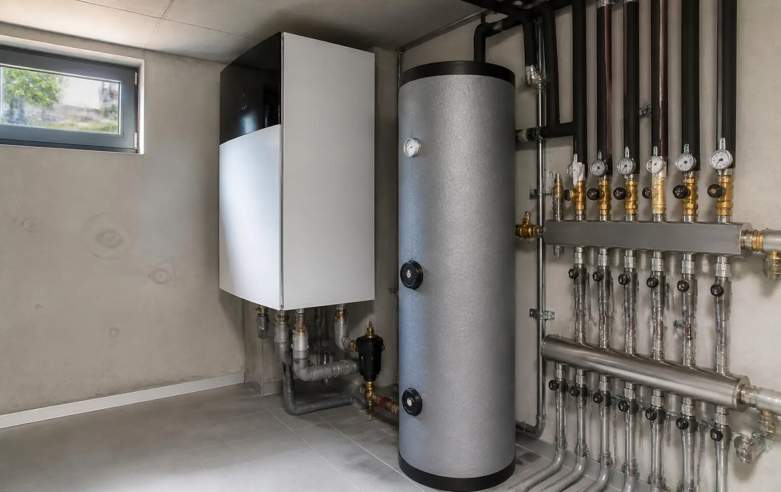 Heizzentrale mit Wärmepumpe, Pufferspeicher und Strangverteilern in einem kleinen Mehrfamilienhaus in Berlin