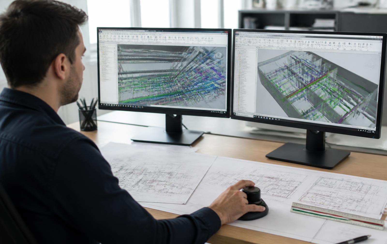 Technischer Systemplaner zeichnet am CAD-Arbeitsplatz ein BIM-Modell mit Lüftungskanälen und Sanitärleitungen