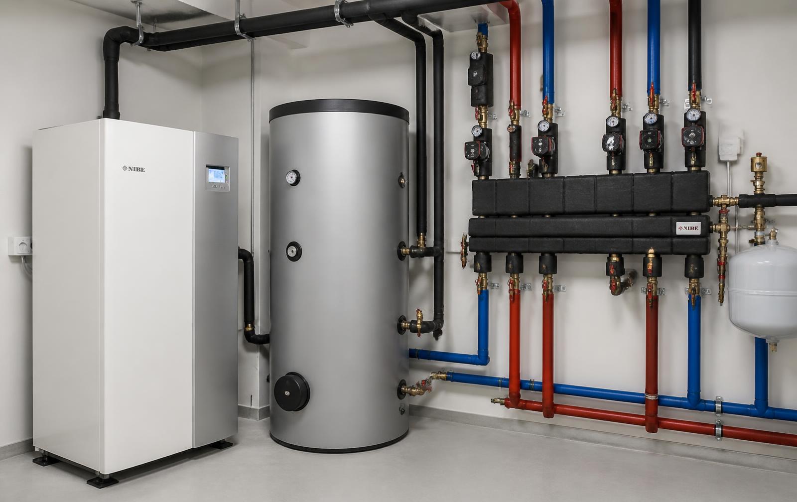 Heizzentrale mit Wärmepumpe, Pufferspeicher und Heizkreisverteiler aus der TGA-Fachplanung