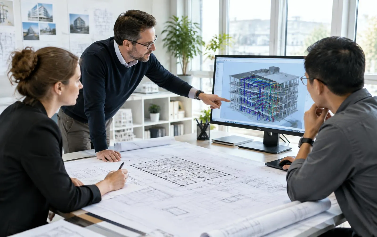 Architekten und TGA-Fachplaner besprechen Grundrisse und ein BIM-Modell der Haustechnik